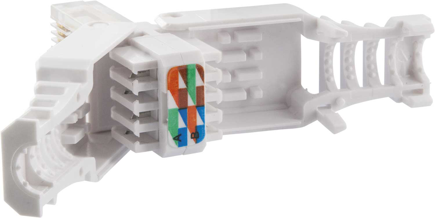 Ein weißer Kunststoff-RJ45-Stecker. Er hat eine mehrfarbige Innenstruktur und ist geöffnet.