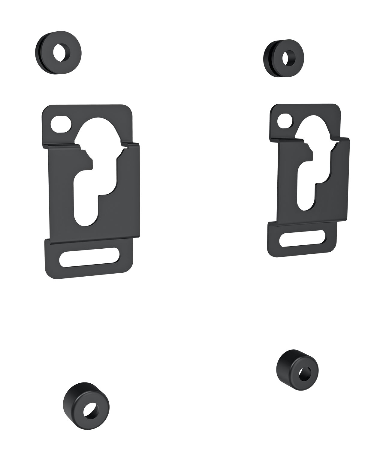 Montagehalterungen und Gummitüllen, in Schwarz, für Montagezwecke.