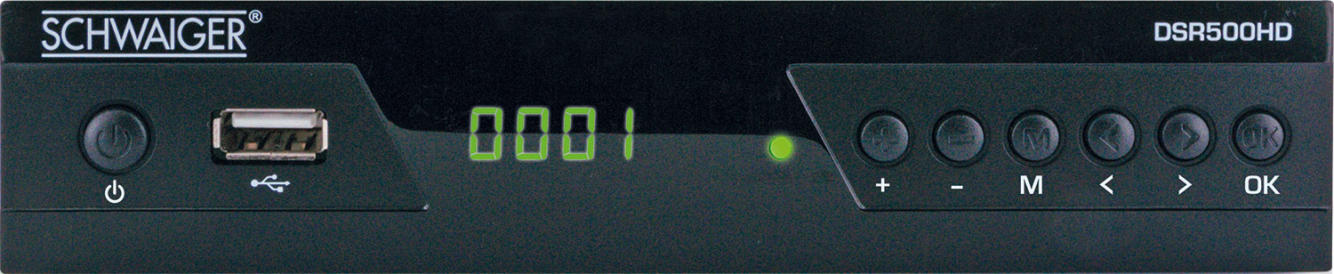 Schwarzer SCHWAIGER DSR500HD-Empfänger. Hat Knöpfe, einen USB-Anschluss und eine Anzeige mit Zahlen.