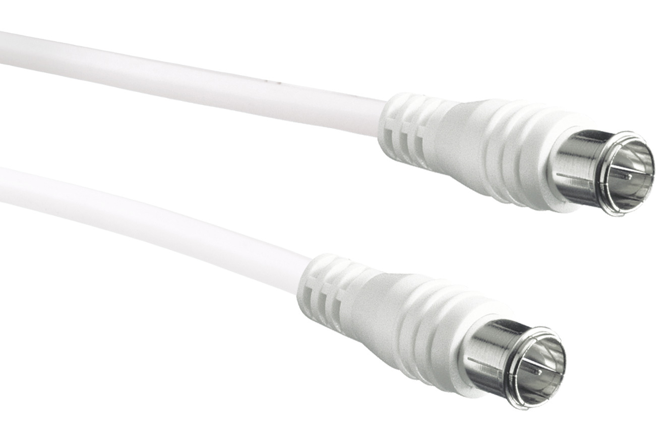 Zwei weiße Koaxialkabel mit Anschlüssen. Die Kabel befinden sich auf weißem Hintergrund.