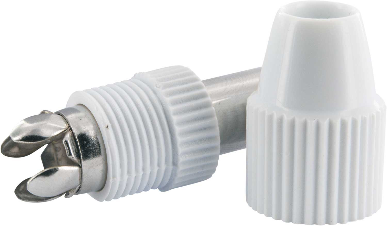 Weißer Stecker mit Metallzinken und Schraubgewinde. Weißer Hintergrund.