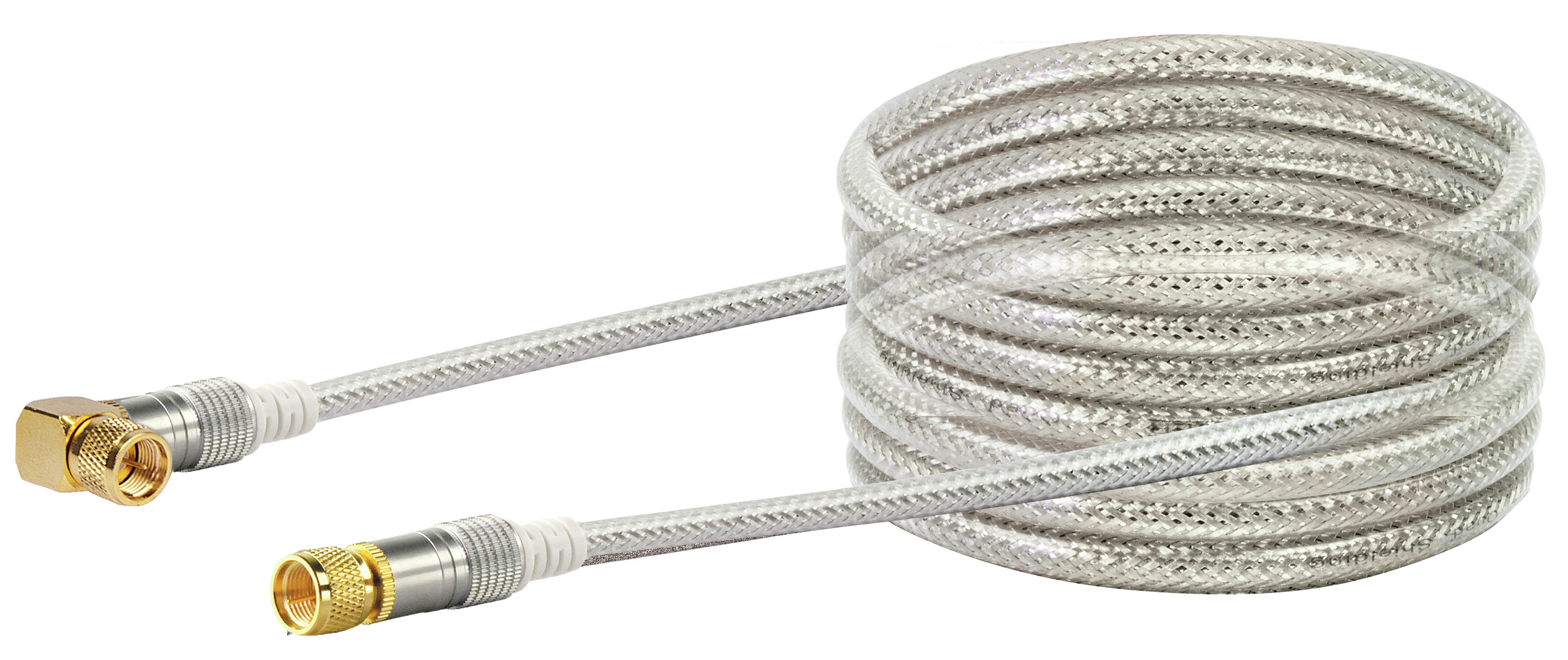 Gerolltes silbernes Koaxialkabel mit Gold- und Silberanschlüssen an den Enden, vor weißem Hintergrund.