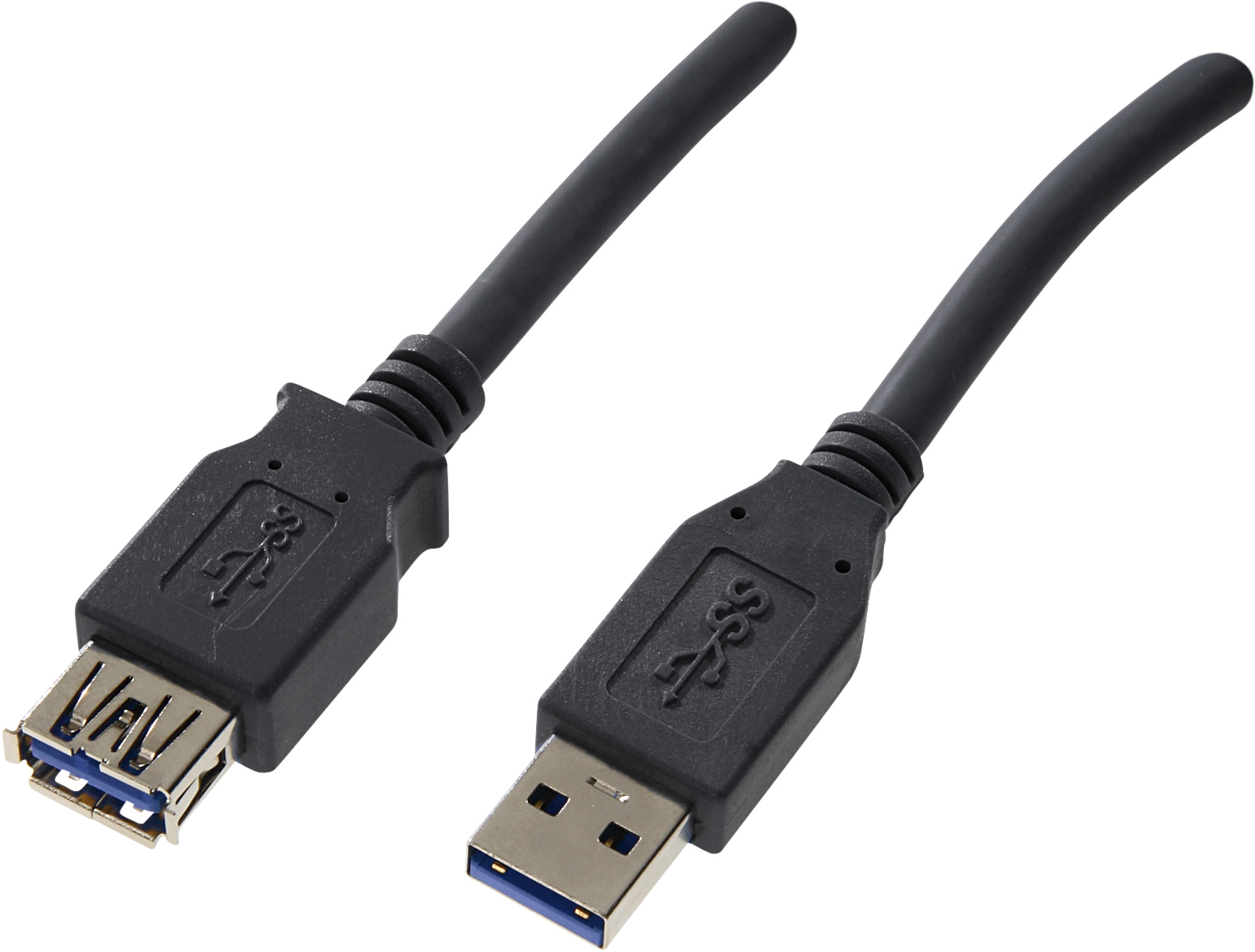 Schwarzes USB-Kabel mit einem USB-A- und einem USB-3.0-Anschluss. Der USB 3.0 ist innen blau.