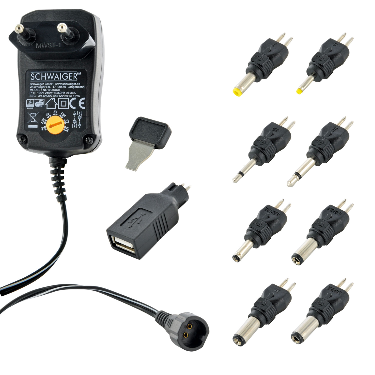 Netzteil mit verschiedenen austauschbaren Spitzen und einem USB-Adapter, schwarz und weiß.