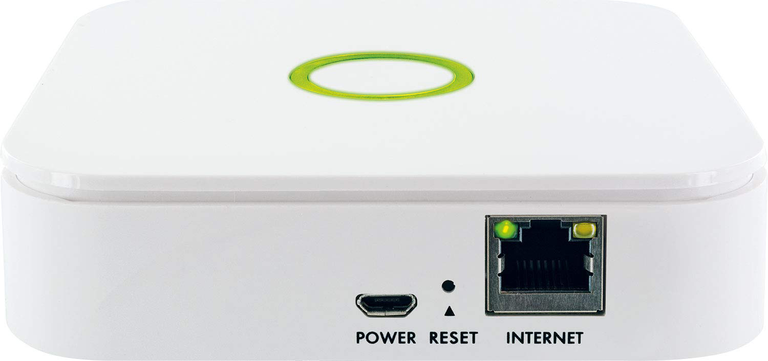 Ein weißer Router mit grünem Licht, Stromanschluss, Reset-Taste und Internetanschluss.