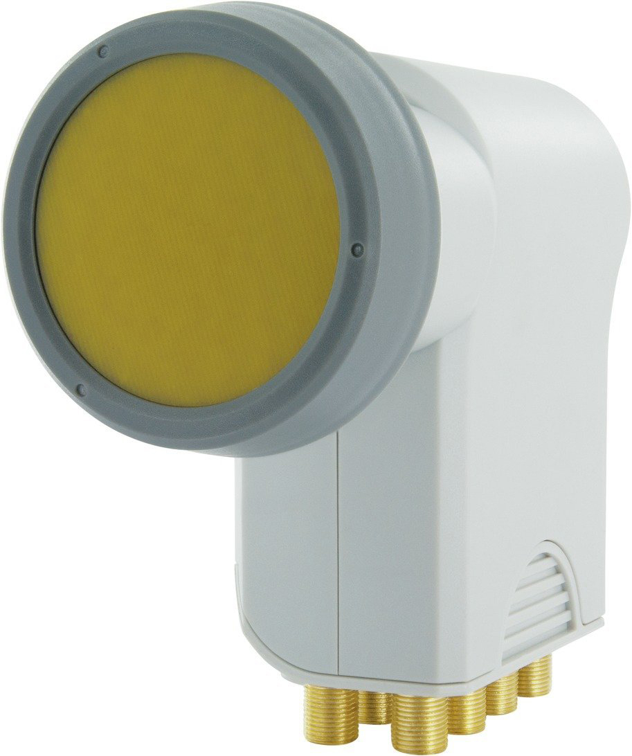 Biały LNB z żółtym filtrem i szarą obudową. Widoczne cztery złote złącza.