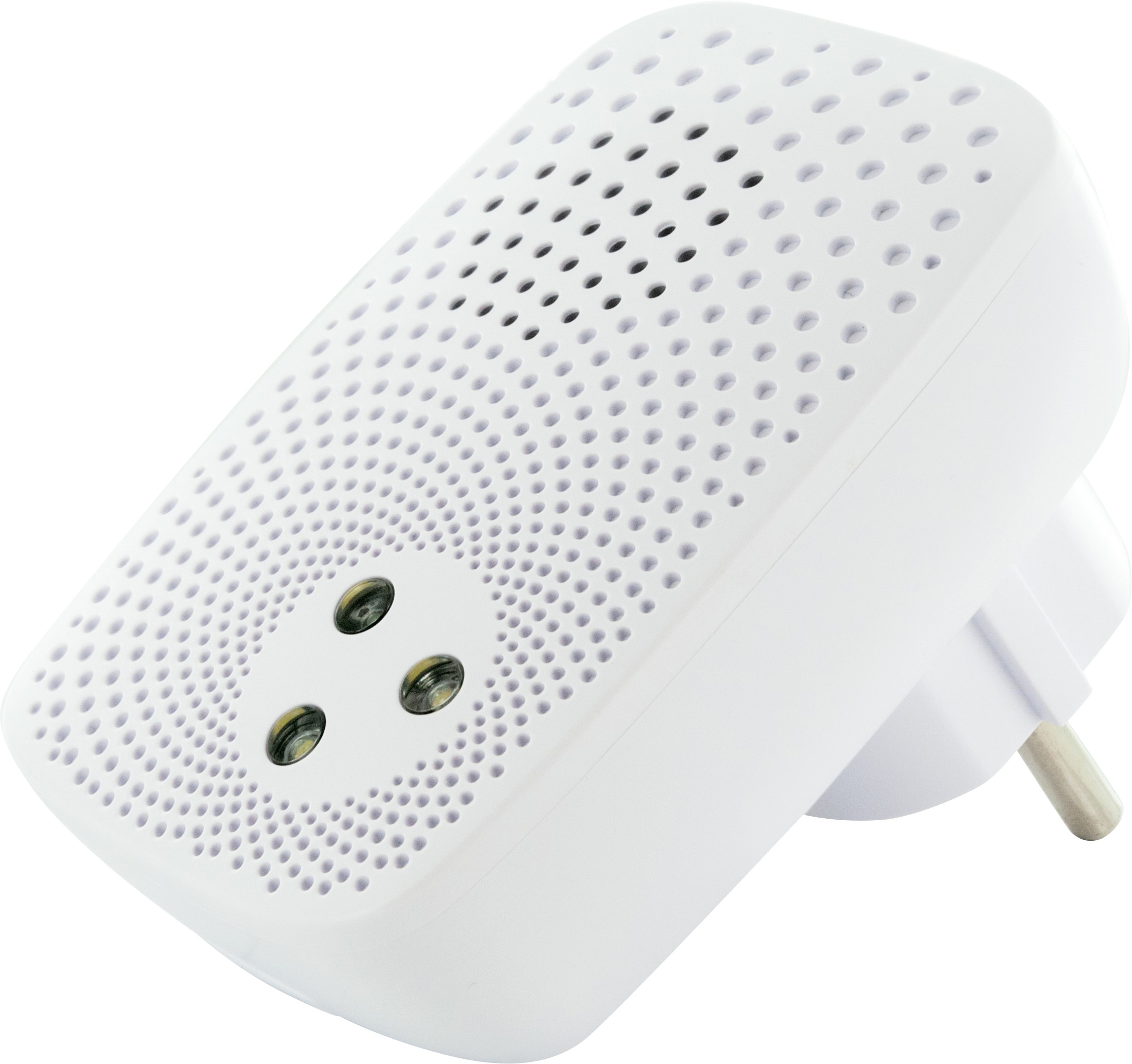 Weißer Netzwerkadapter mit drei grünen Lichtern und einem Stecker.
