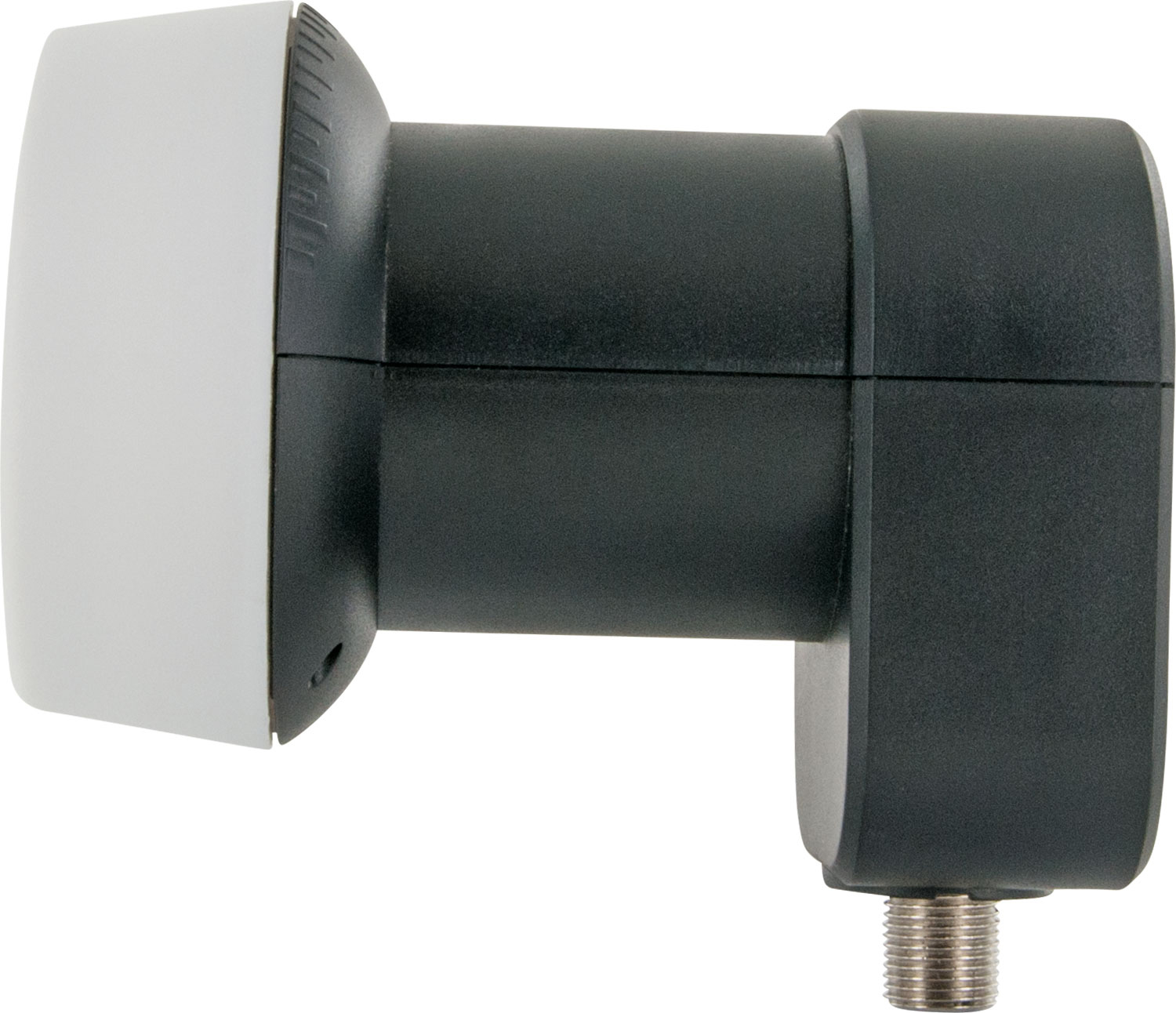 Czarny konwerter LNB, z białą przednią częścią i złączem na końcu.