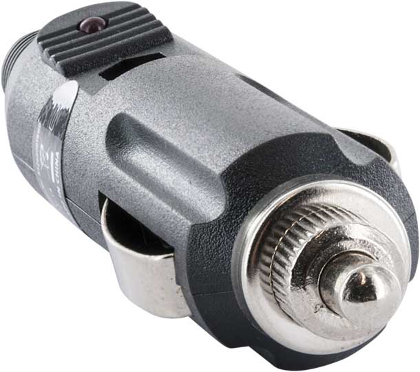 Grauer Autoladeadapter mit rotem Licht und silberner Basis.