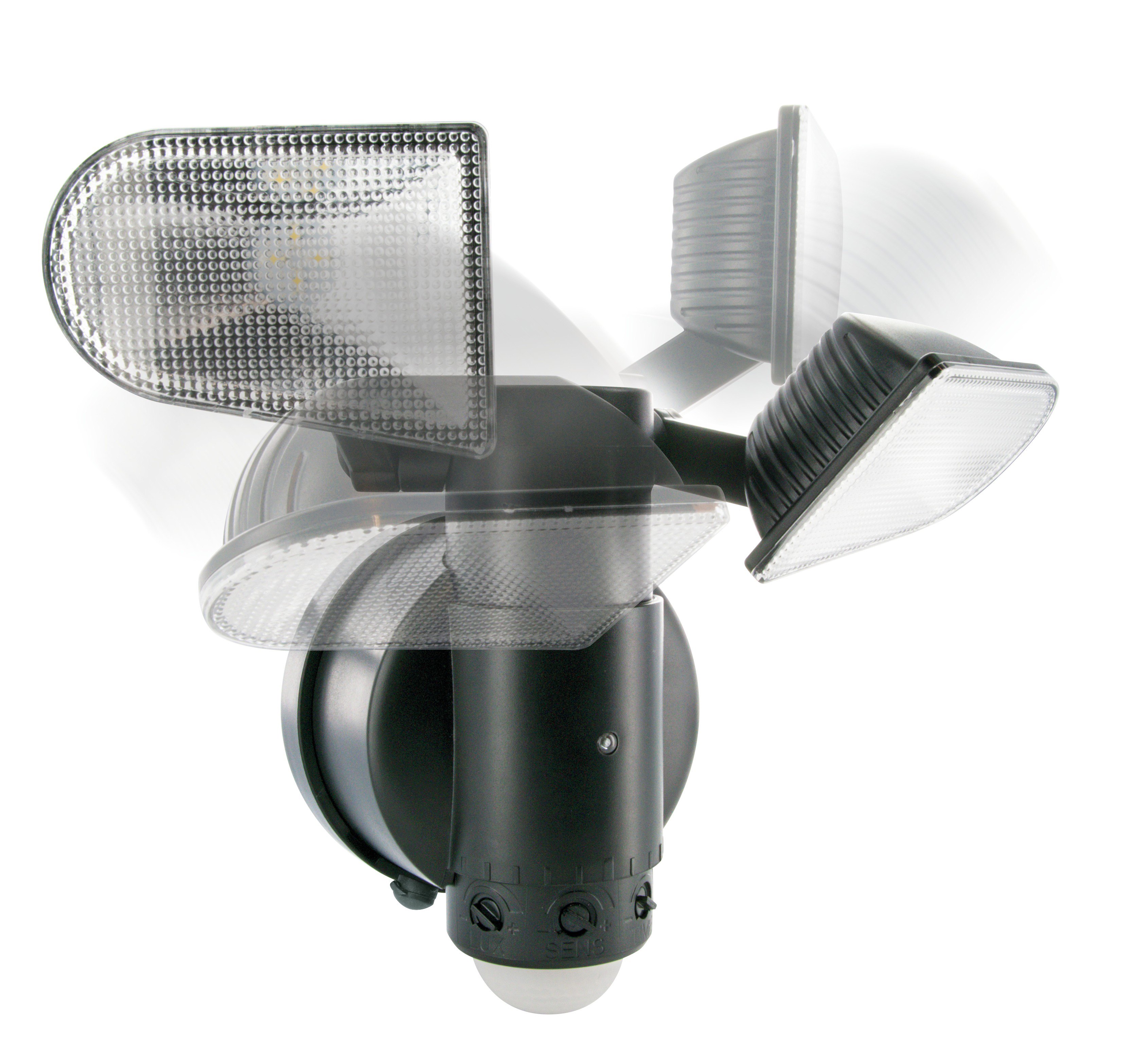 Black motion sensor light with three adjustable light heads, white background.