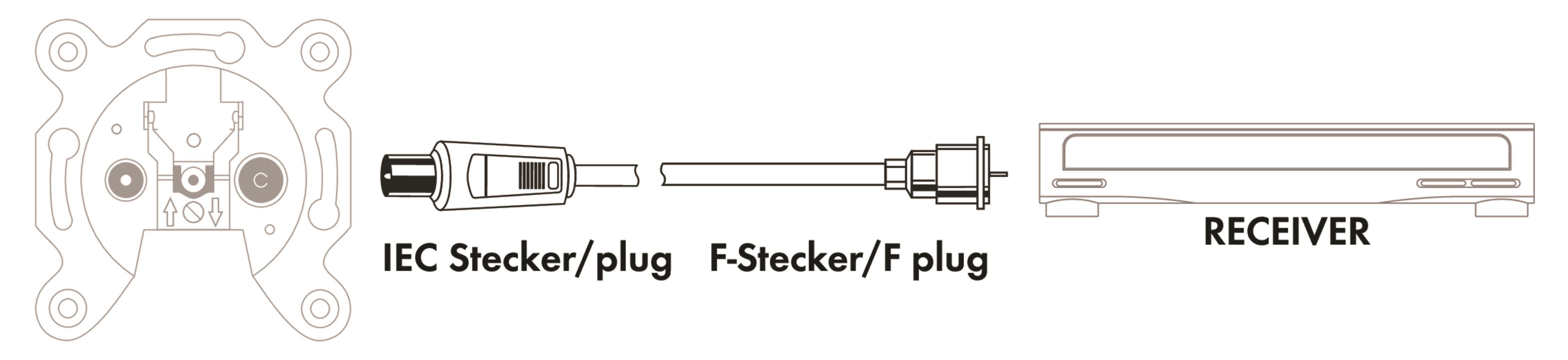 Diagramm eines Receivers mit IEC- und F-Anschlüssen. Zeigt einen Receiver, IEC- und F-Steckeranschlüsse.
