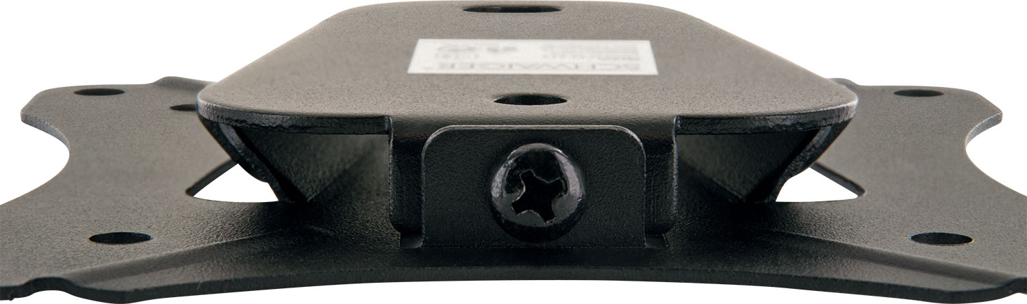 Schwarze TV-Halterung aus Metall mit Schrauben und Befestigungslöchern.