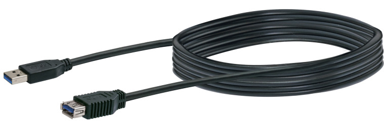 Schwarzes USB 3.0-Kabel vor weißem Hintergrund. Beide Anschlüsse sind sichtbar.