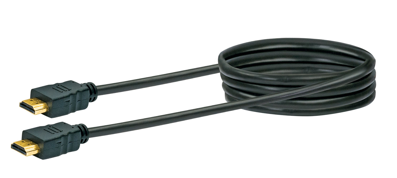 Ein schwarzes HDMI-Kabel ist auf weißem Hintergrund aufgerollt. Es hat an jedem Ende schwarze Stecker.