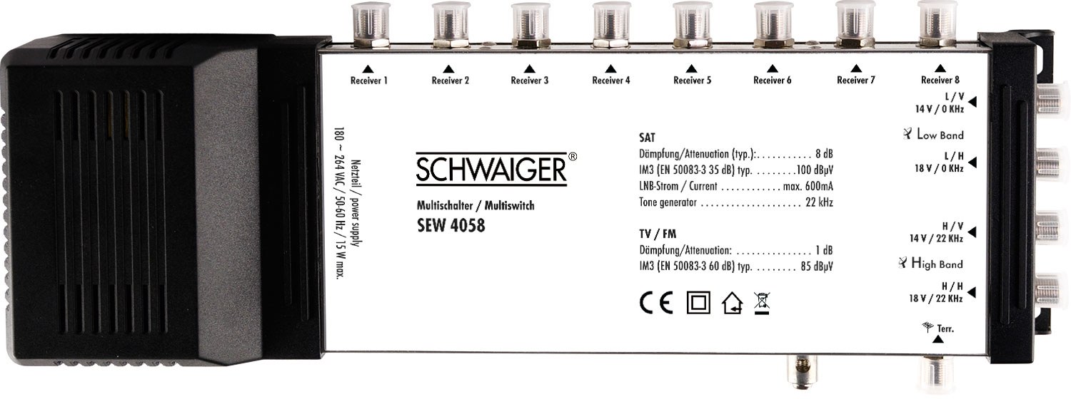 Schwarzer Multischalter mit mehreren Empfängeranschlüssen und Beschriftungen.