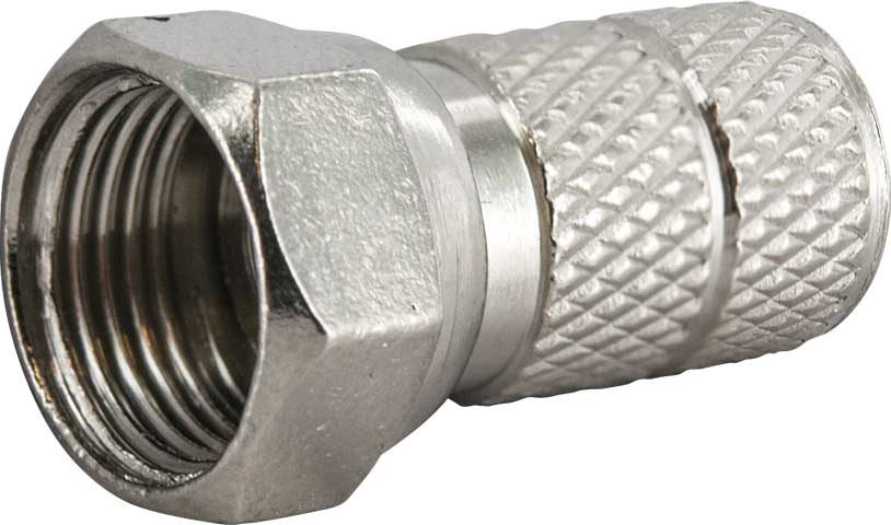 Silberner Koaxialstecker mit Schraubgewinde.