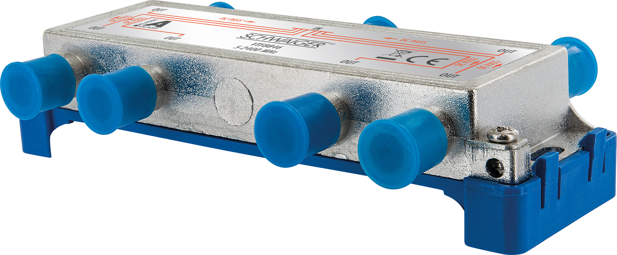 Silberner Splitter mit sechs blauen Anschlusssteckern.