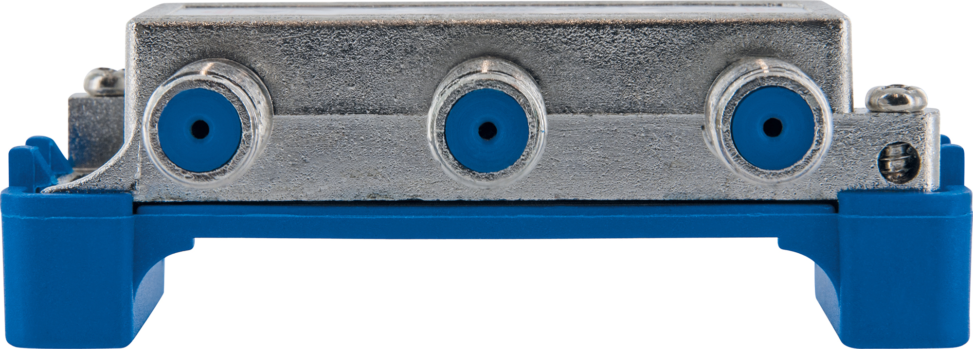 Ein silberner Splitter mit drei blauen Anschlüssen auf blauem Sockel.