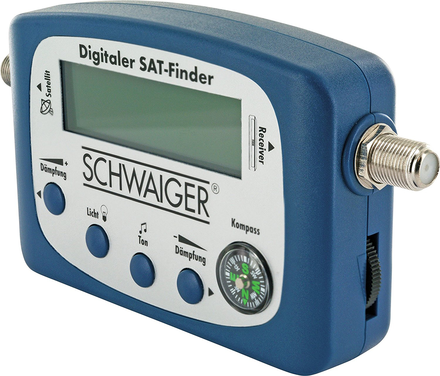 Blauer SAT-Finder mit Display, Knöpfen und Kompass. Text enthält 'Digitaler SAT-Finder' und 'SCHWAIGER'.
