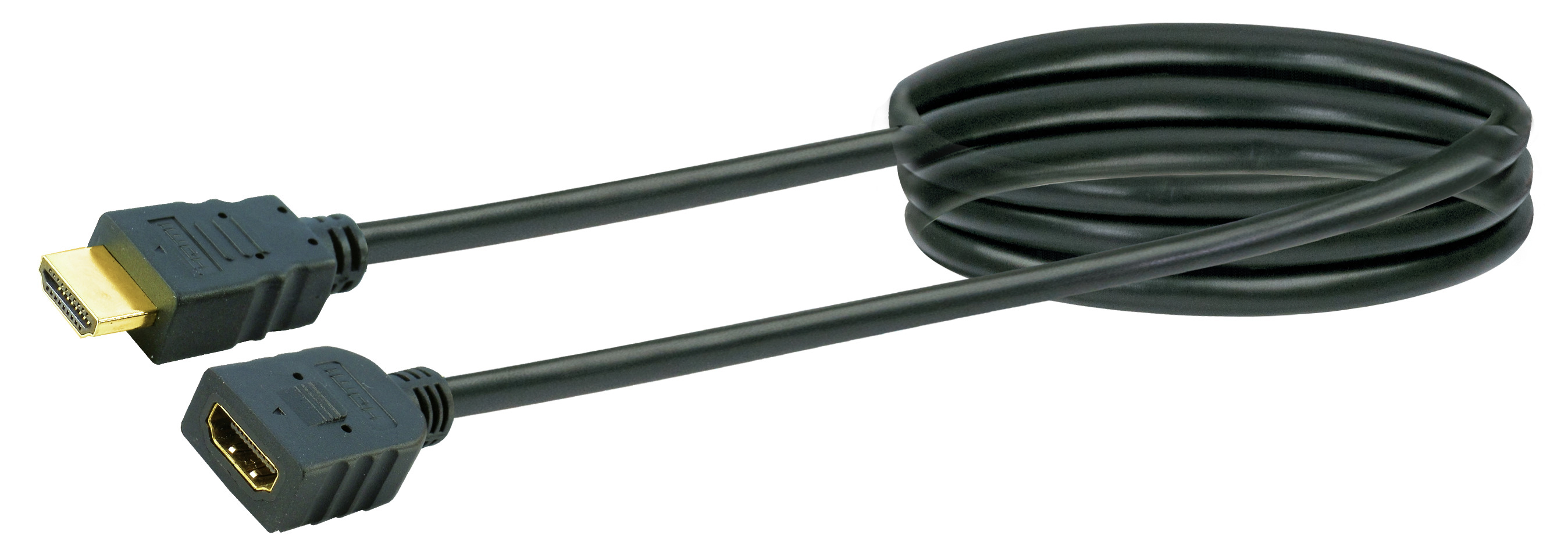 Schwarzes HDMI-Kabel mit Steckern an jedem Ende. Die Stecker haben das HDMI-Logo.