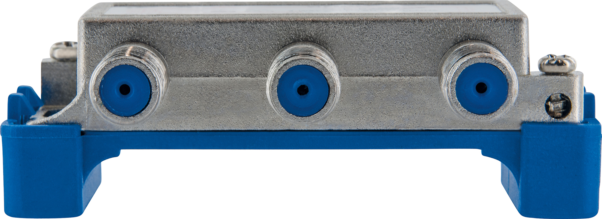 Silber-Blau-Splitter mit drei blauen Buchsen, isoliert auf weißem Hintergrund.