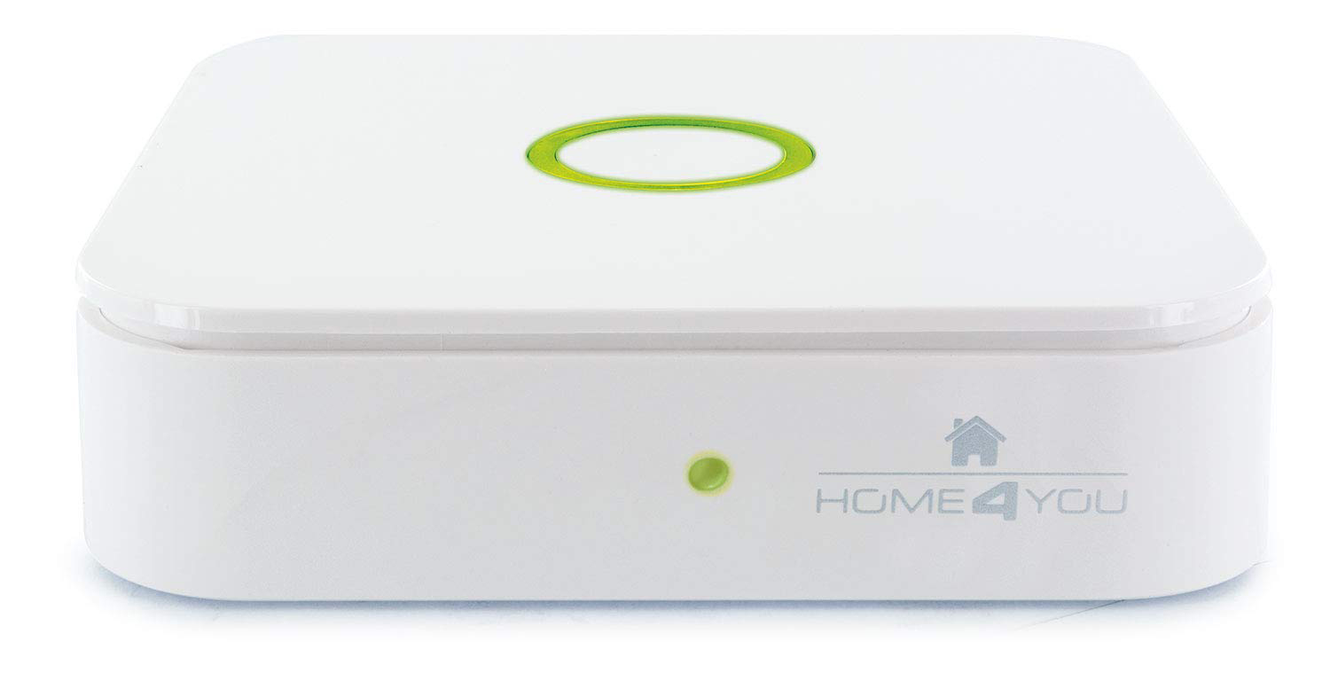 Weißes Home4You-Gerät mit grünem Licht auf der Vorderseite. Das Logo ist vorne.