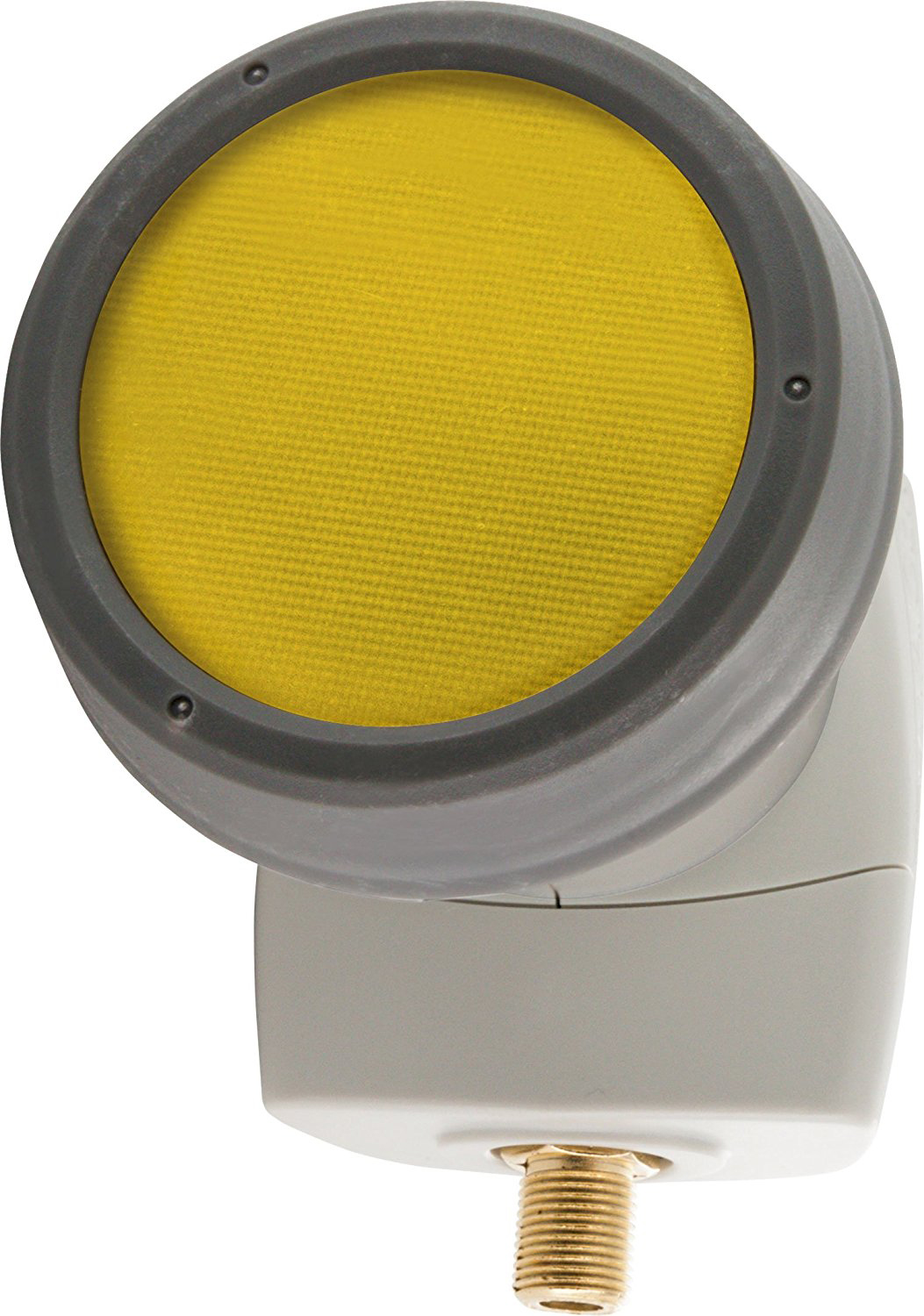 Satelliten LNB mit grauem Gehäuse, gelbem Netz und einem goldenen Stecker. Es ist leicht nach oben abgewinkelt.