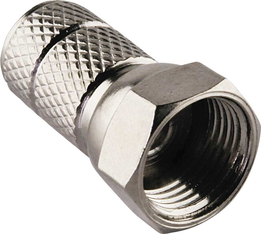 Silberner Koaxialkabelstecker mit sechseckiger Form und Gewindeanschluss.