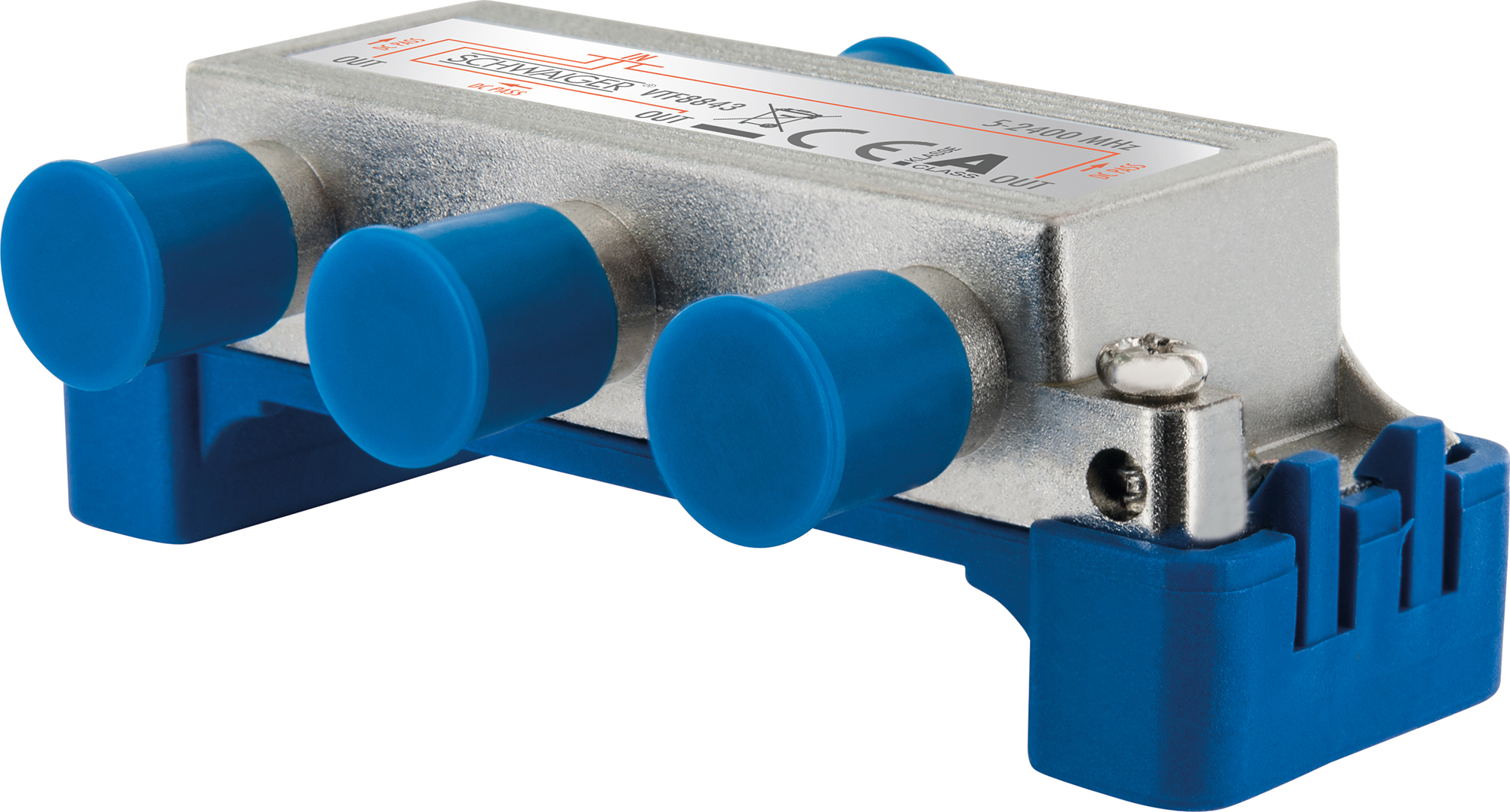 Silber-blauer Splitter mit drei blauen Anschlüssen. Hat silbernes Metallgehäuse und blaue Kunststoffkappen.