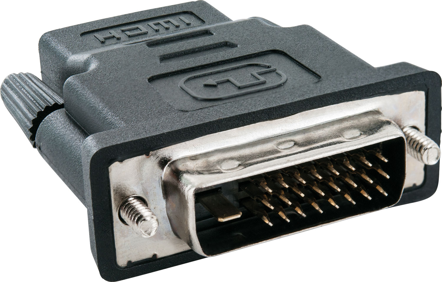 Schwarzer HDMI-zu-DVI-Adapter. Der Adapter hat einen Stecker mit mehreren Pins und Schraubbefestigungen.