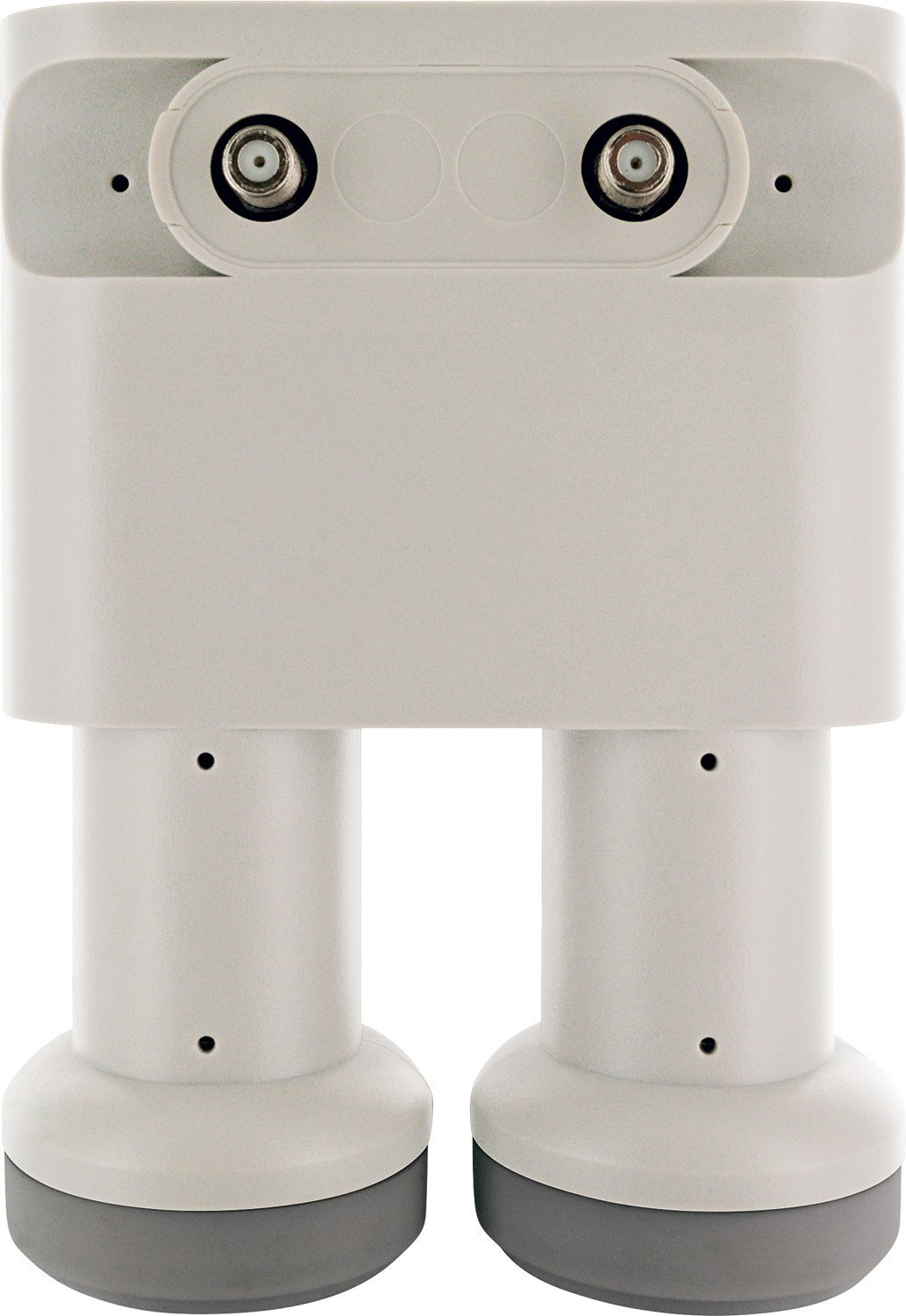 Ein weißes Satelliten-LNB. Es hat zwei kreisförmige Anschlüsse. Weißer Hintergrund.
