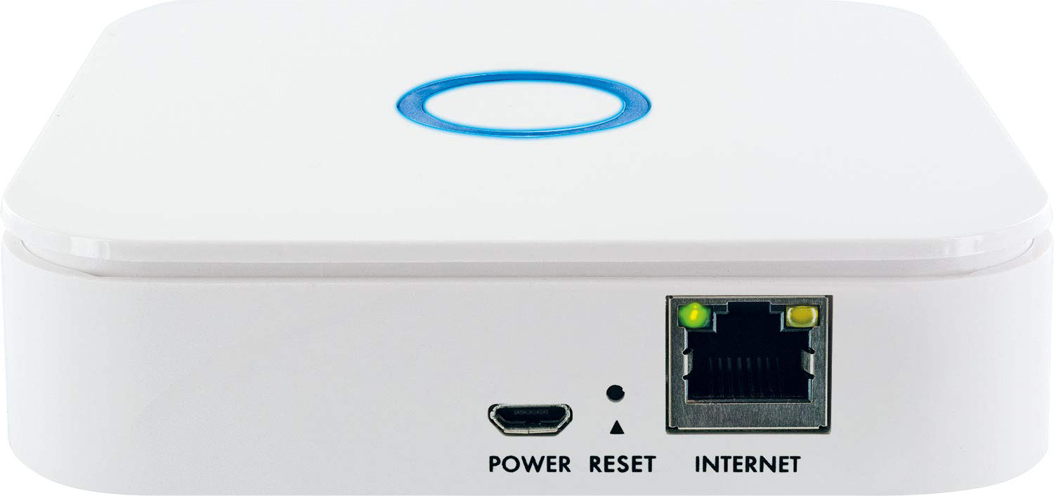 Eine weiße Box mit blauem Kreis und Internetanschluss. Mit POWER, RESET und INTERNET beschriftet.
