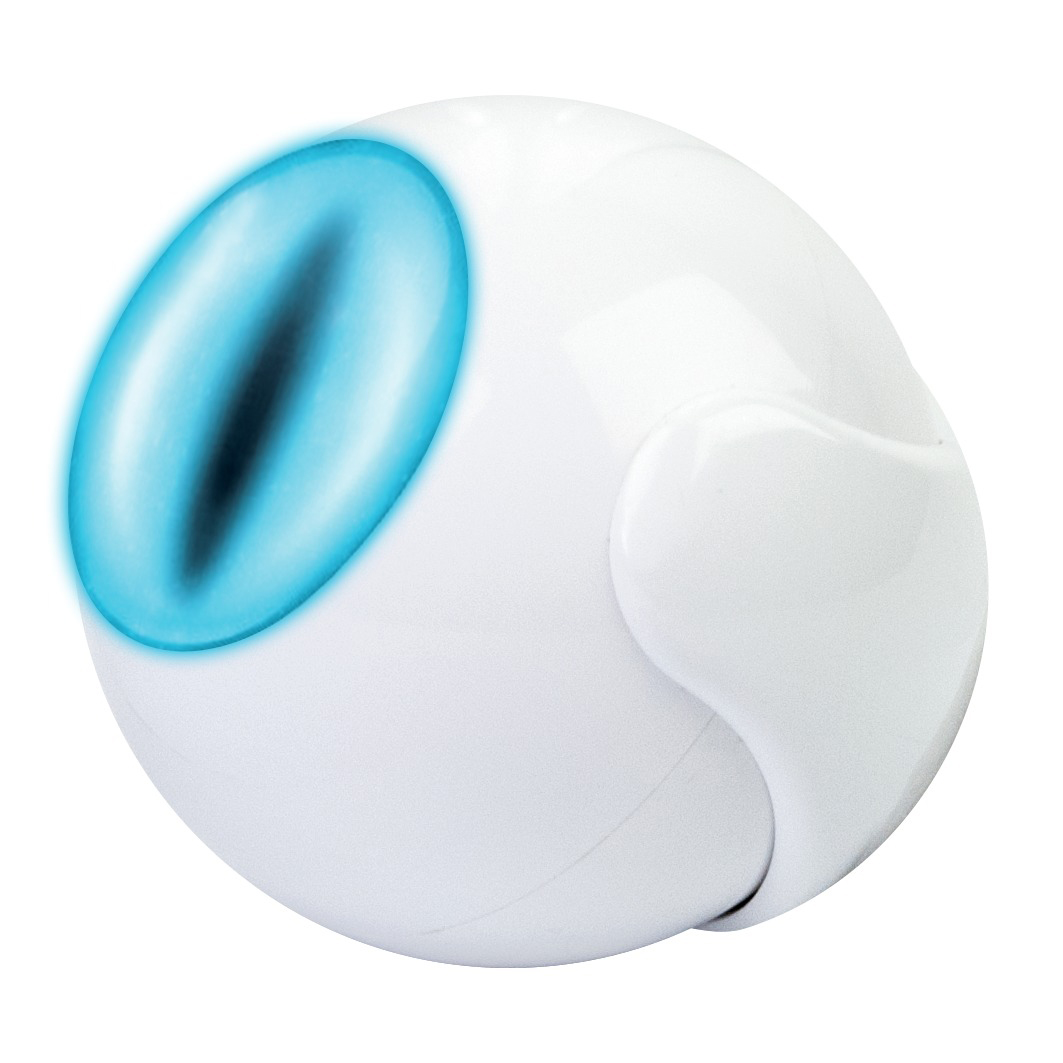 Ein weißes, kugelförmiges Gerät mit einem leuchtenden, blauen Oval auf der Oberfläche.
