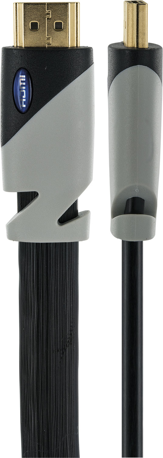 HDMI-Kabel mit schwarzen und grauen Abschnitten und einem goldfarbenen Stecker, auf weißem Grund.