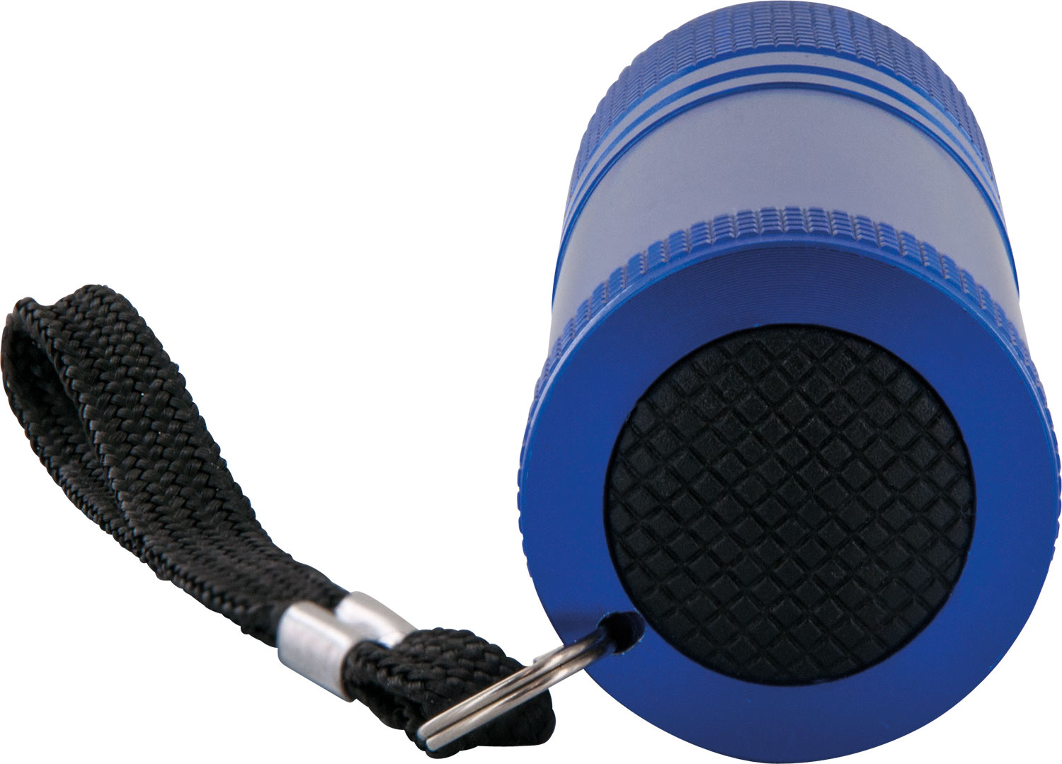 Blaue Taschenlampe mit schwarzer Handschlaufe, schräge Ansicht, auf weißem Hintergrund.