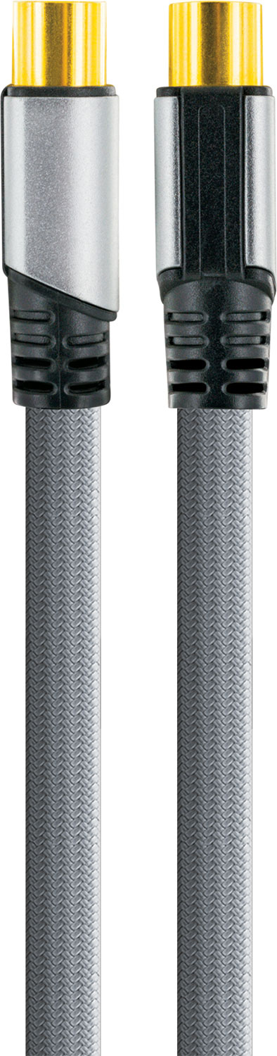 Twee zilver-grijze coaxkabels met gouden connectoren. Ze staan op een witte achtergrond.