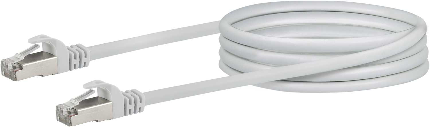 Un cavo di rete bianco con connettori a ciascuna estremità, arrotolato e pronto all'uso.