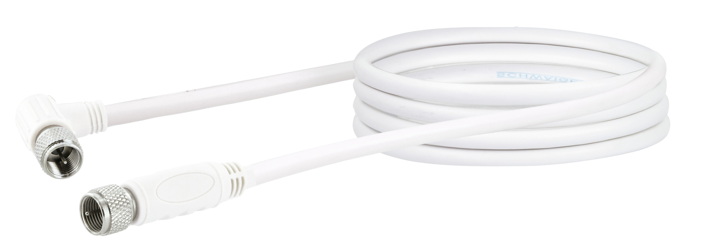 Ein weißes Koaxialkabel mit abgewinkeltem Stecker auf weißem Hintergrund.