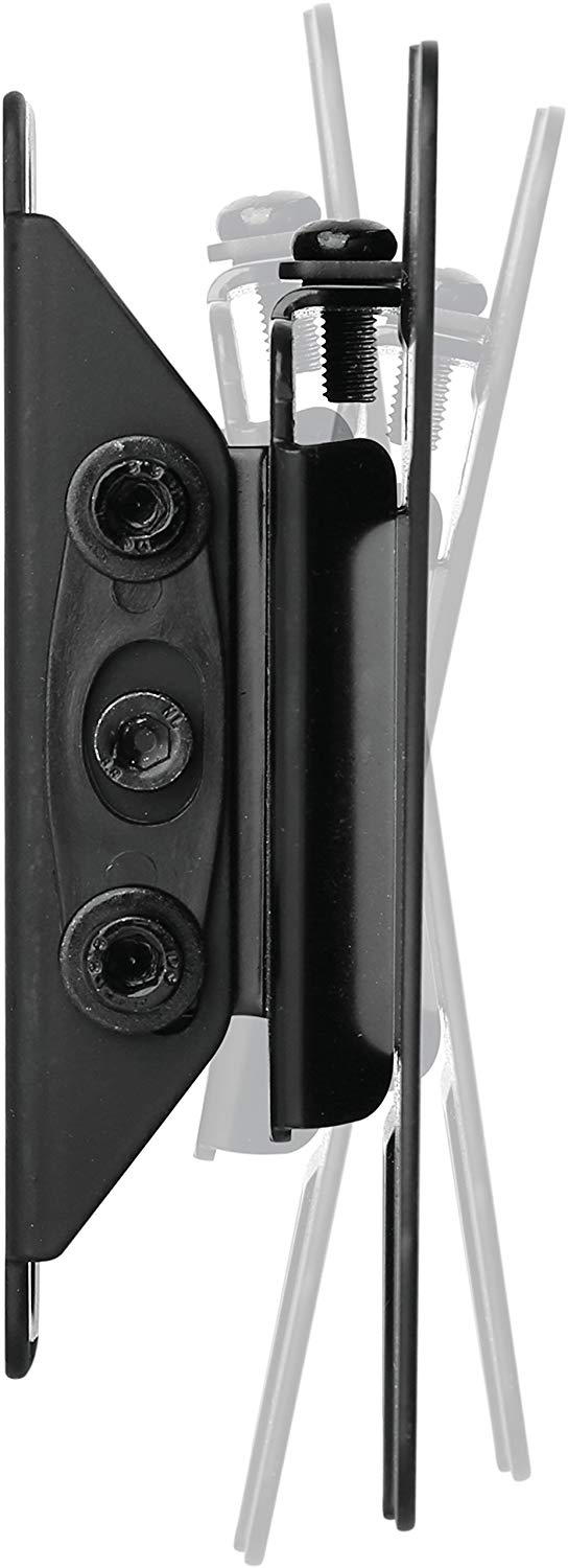 Schwarze Wandhalterung mit Schrauben, Seitenansicht, abgewinkelt.