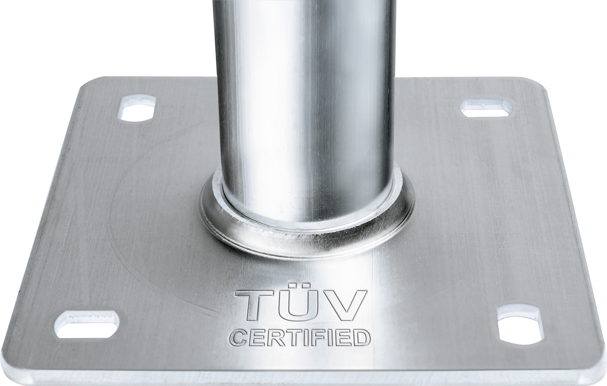 Silberfarbene Metallbasis mit vertikalem Pfosten, TUV-zertifizierter Text sichtbar.