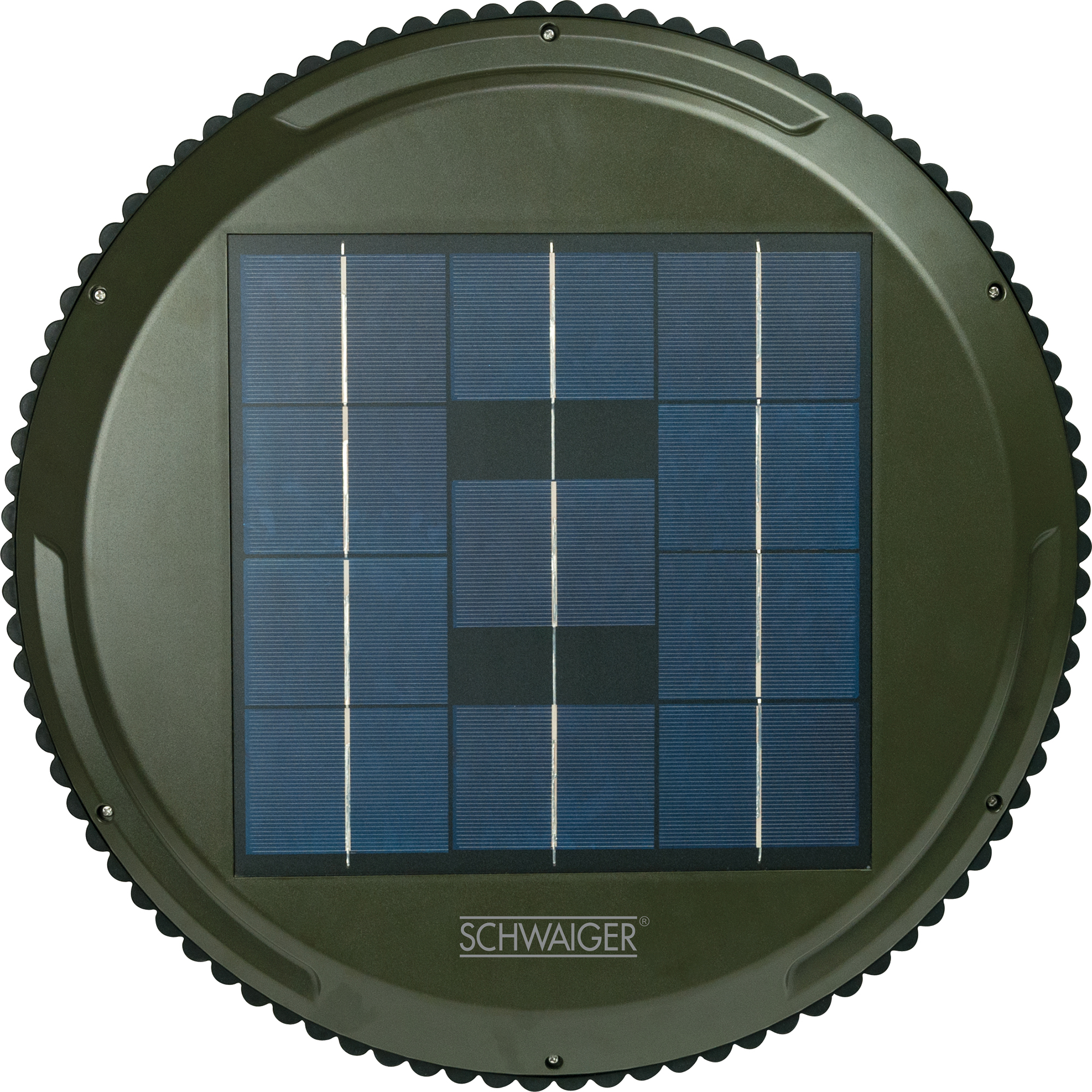 Grünes Solarpanel mit schwarzem Quadrat in der Mitte und dunkelgrünem Rand.