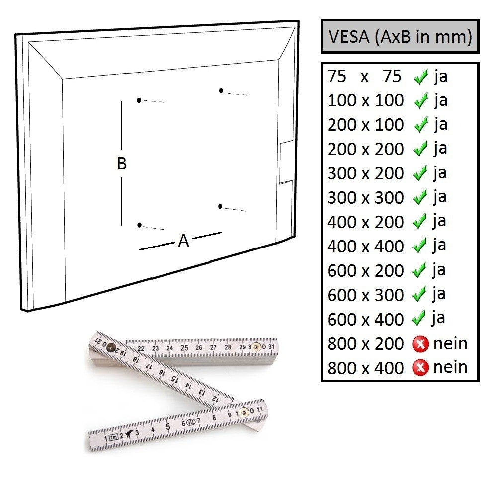 Ein Diagramm, das die VESA-Befestigungskompatibilität für ein Display zeigt.