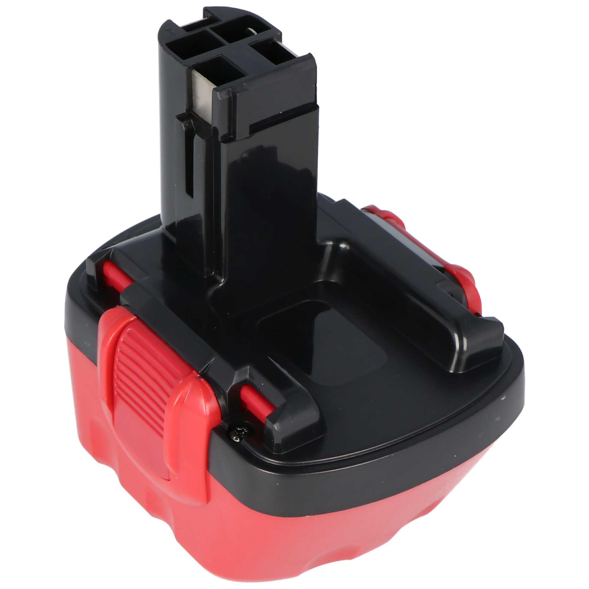 Schwarz-roter Elektrowerkzeug-Akku. Schwarze Oberseite, roter Sockel mit roten Knöpfen.