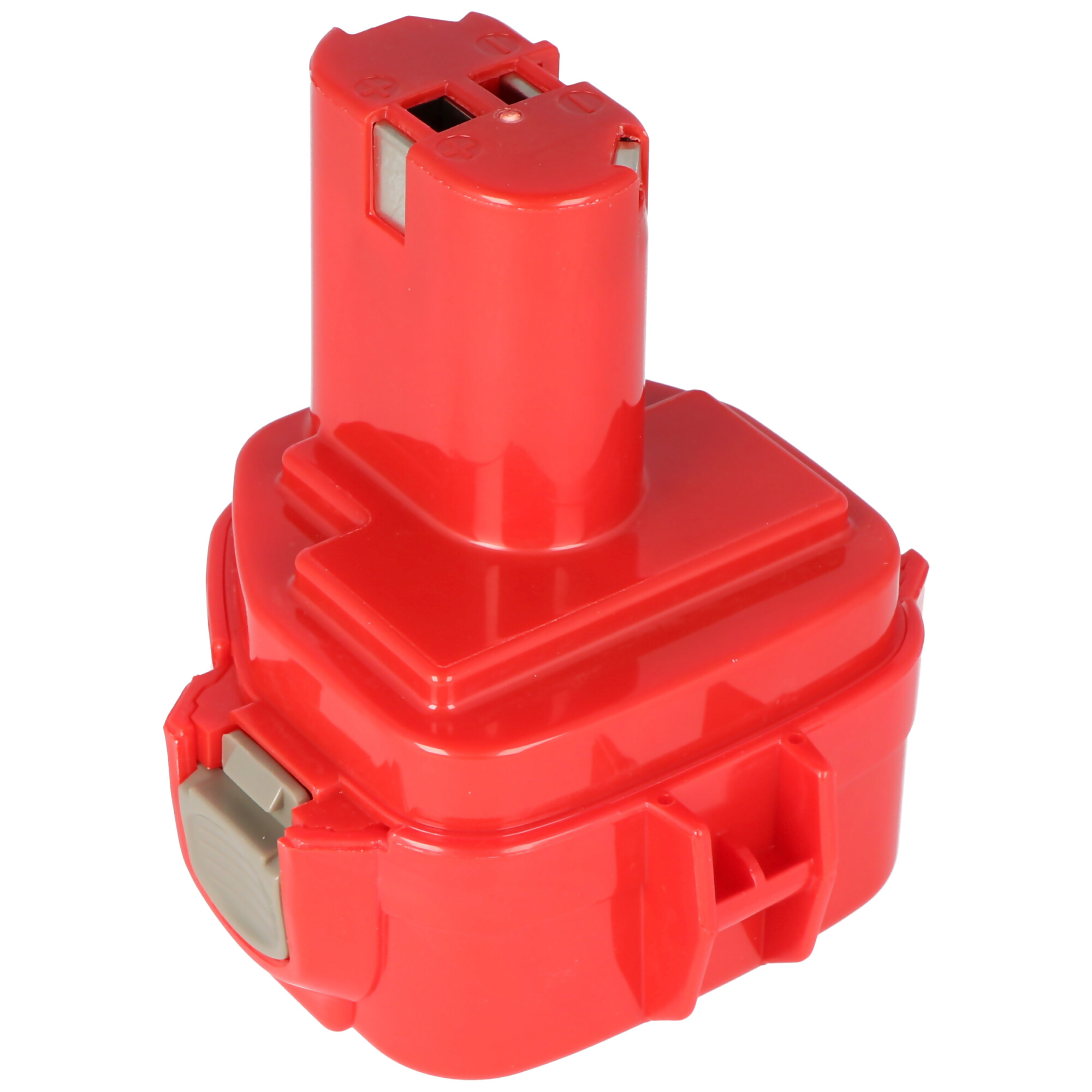 Ein roter Elektrowerkzeug-Akku mit grauem Knopf.