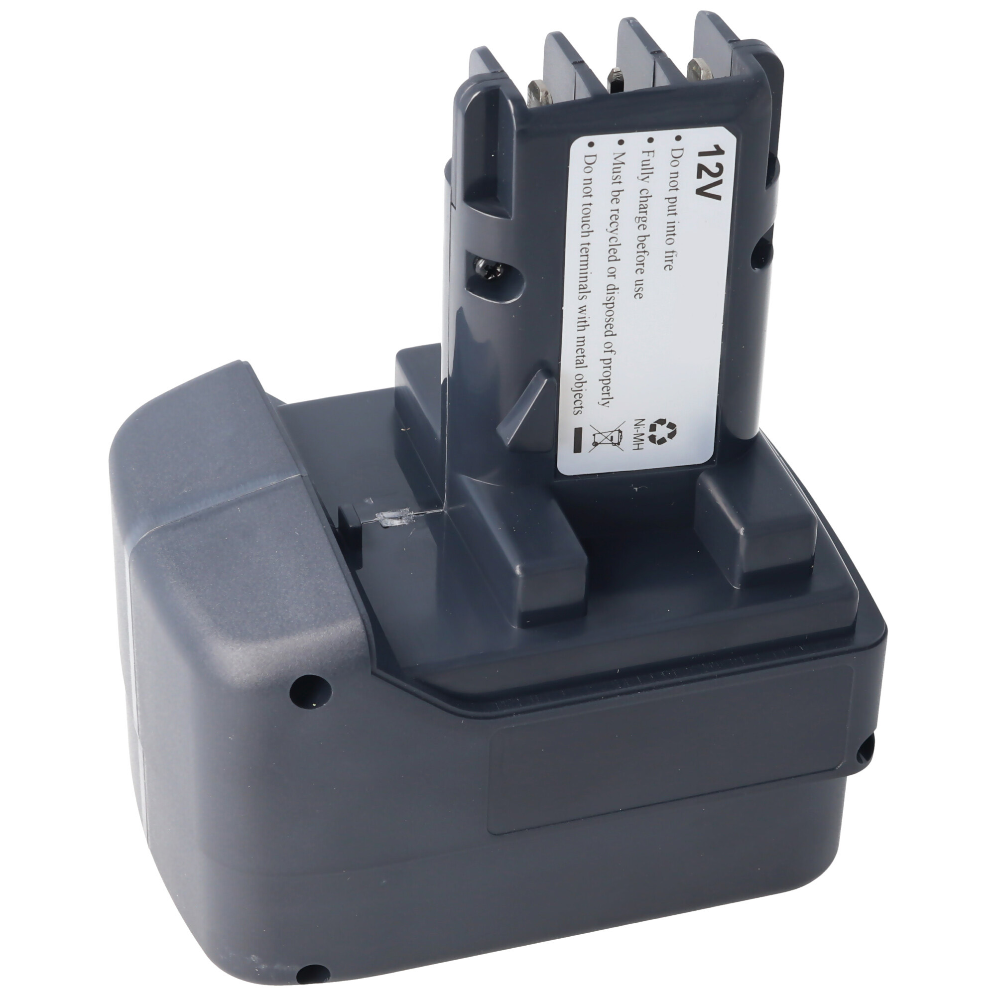 Ein schwarzes und graues Akku-Pack mit 12V-Etikett und Warnhinweisen. Oberseite mit drei Stiften, Seitenetikett.
