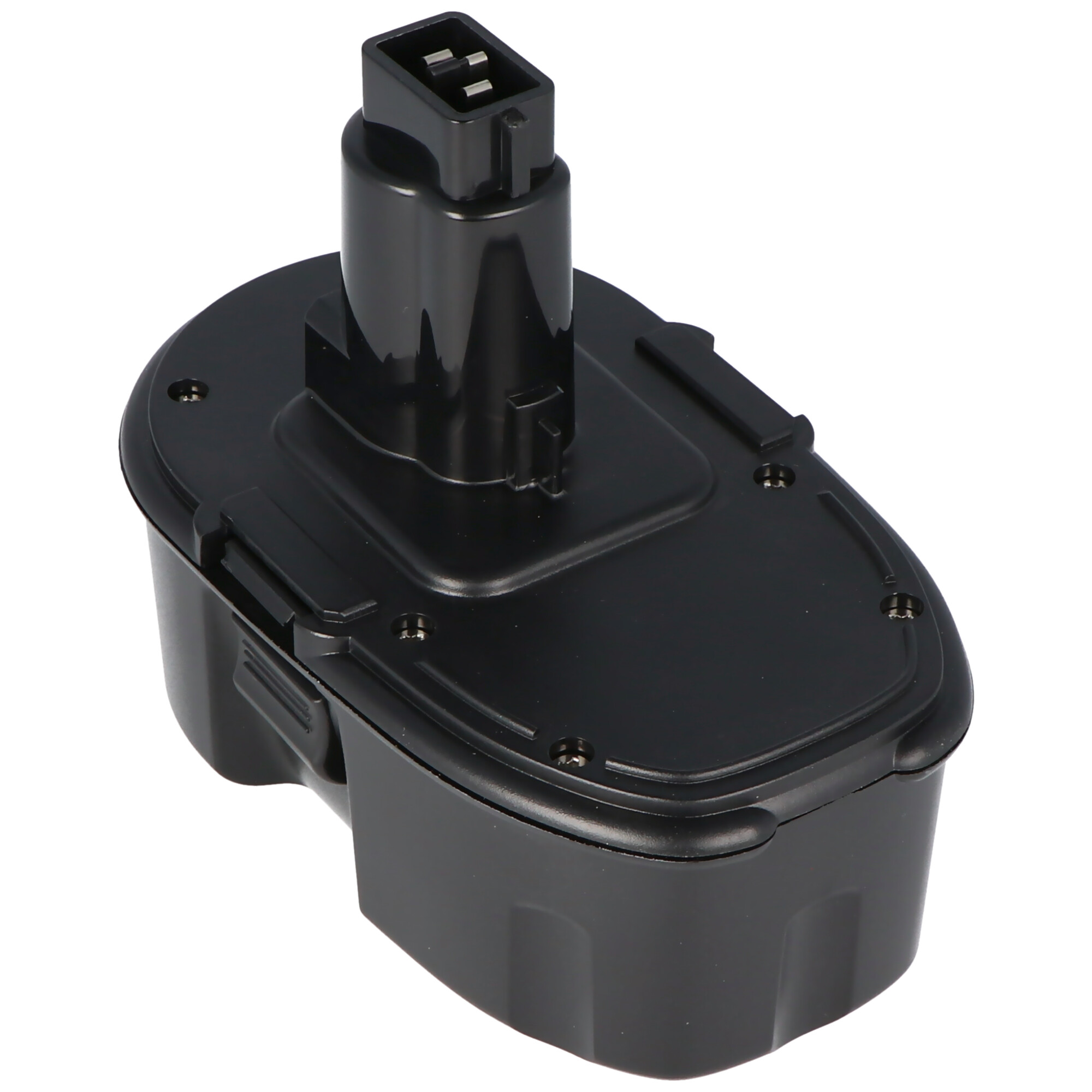 Schwarzer Elektrowerkzeug-Akku mit schwarzer Oberseite und Stecker. Weißer Hintergrund.