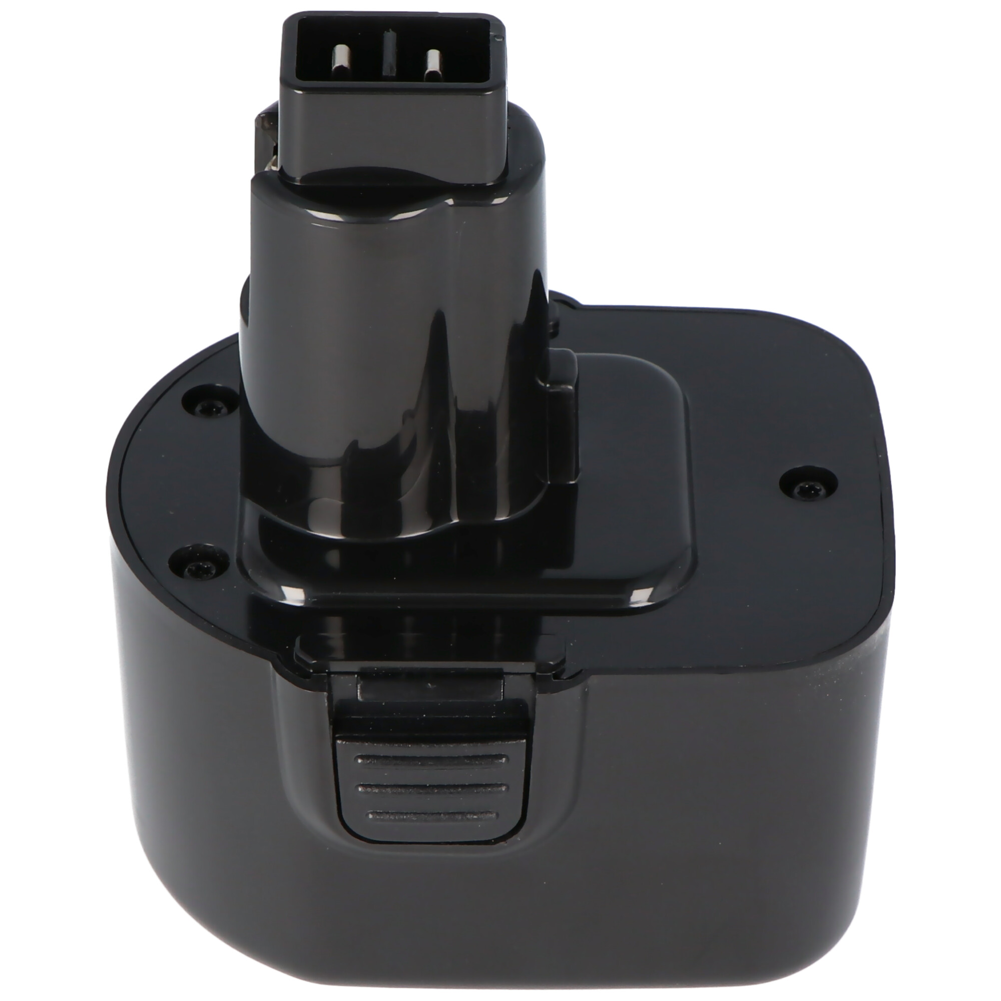Schwarzer Elektrowerkzeugakku mit Stecker oben.