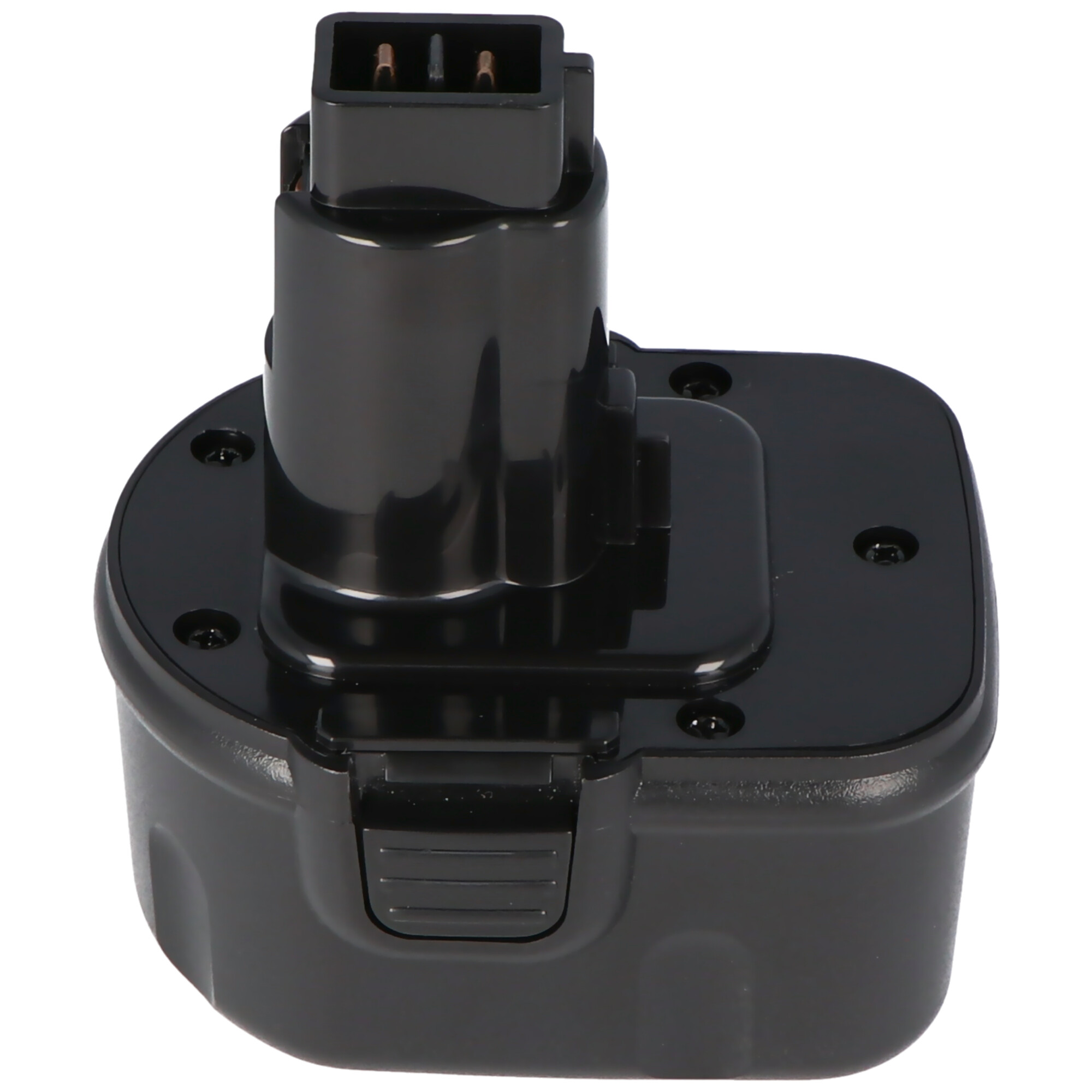 Schwarzer Elektrowerkzeug-Akku, Draufsicht, mit schwarzem Stecker.