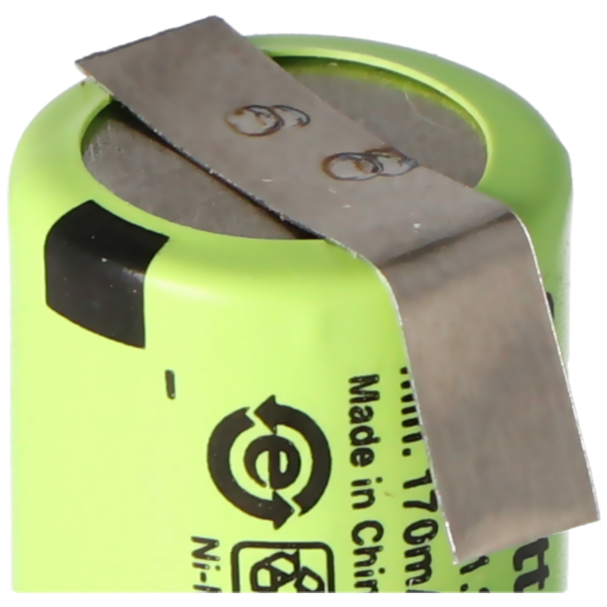 A green battery with a silver metal strip on top. The battery has black labels.