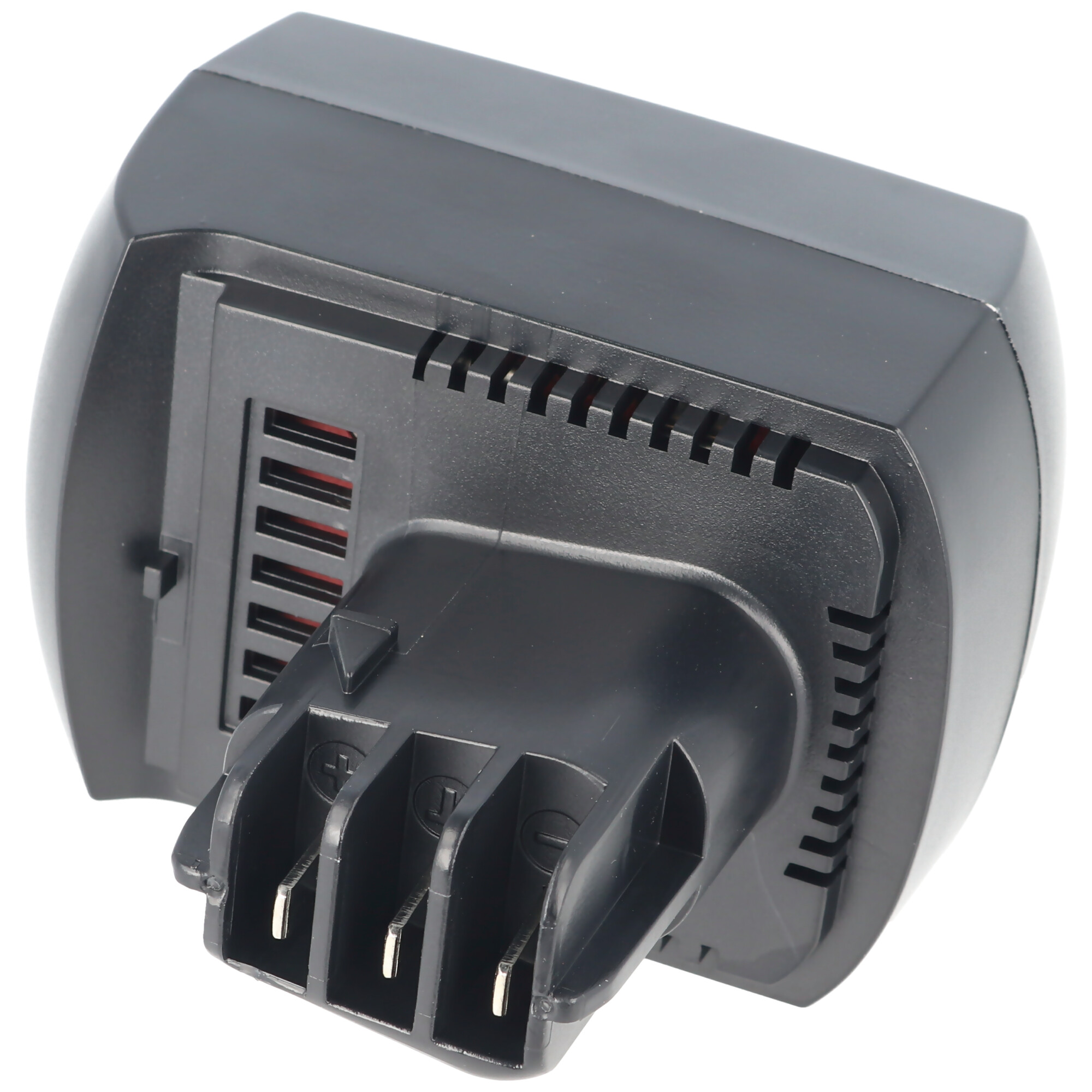Schwarzer Batterieadapter für ein Elektrowerkzeug. Der Adapter hat drei Stifte.